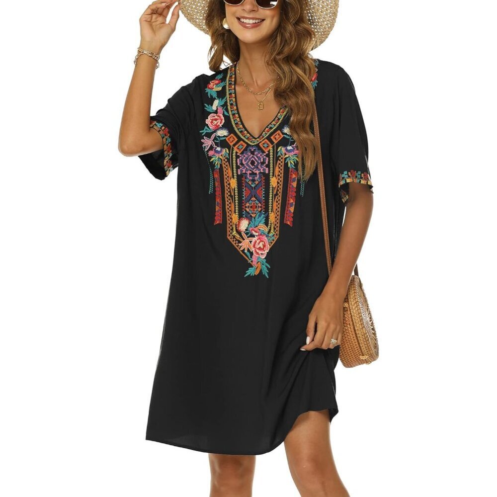 Women's Plus Size Mexican Embroidered Boho Dress Rayon V-Neck Flowy